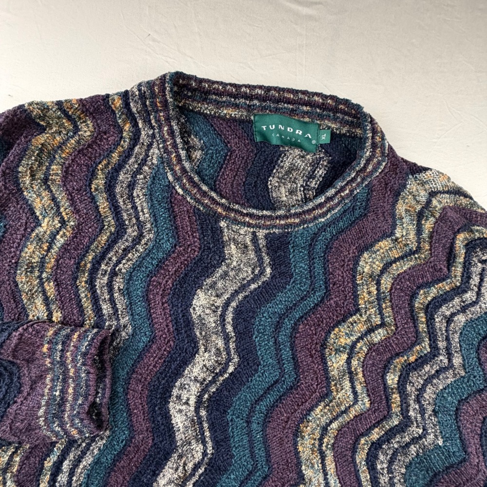 Tundra Canada Vtg. Coogi style Sweater‎ 3D Knit Mens XL Purple Teal Chevron 0153